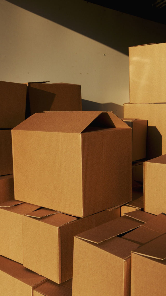Pallet of bulk moving boxes in a warehouse
